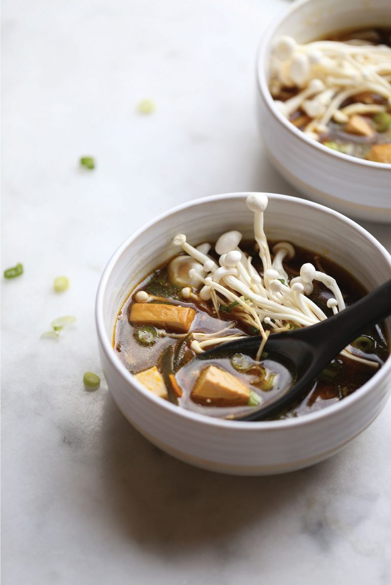 Smoked Tofu Enoki And Kelp Noodle Miso Soup